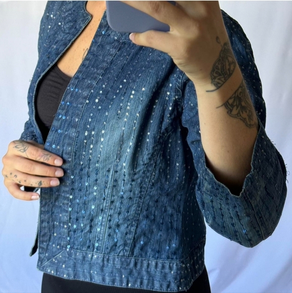 Chico's 100%cotton all sequins open front blue jean jacket size 1 Medium - Picture 14 of 16